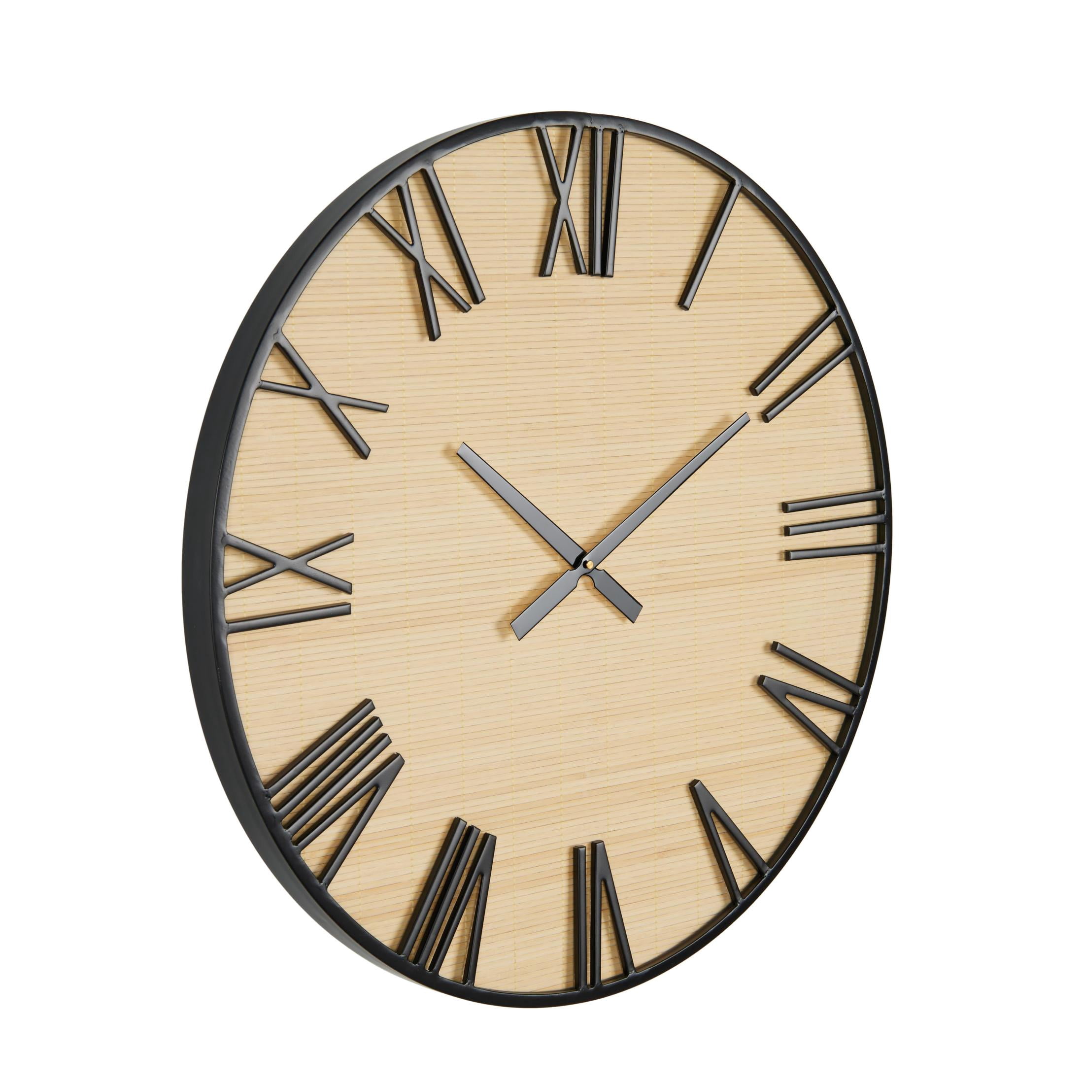 DecMode 28" Light Brown Wooden Wall Clock with Black Metal Numbers and Frame