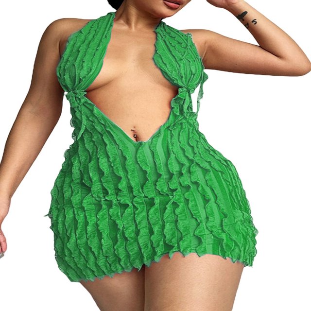 Robe Sans Manches à Col Halter pour Femmes, Col en V Profond, Dos Nu, Volants Plissés, Mini Robe de Soirée