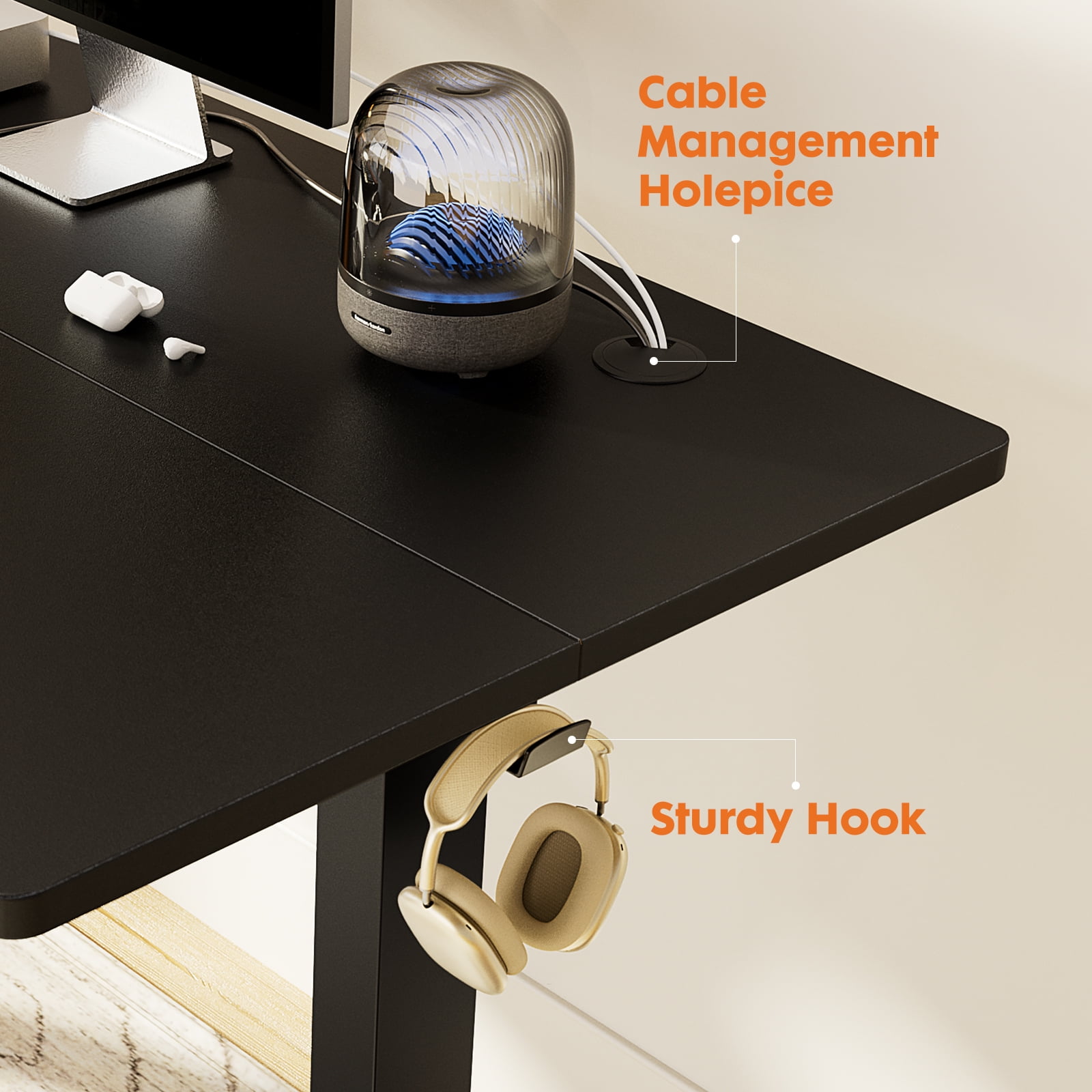 CONCETTA Electric Adjustable Height Standing Desk - 48 x 24 inch Sit to Stand Up Desk with Splice Board, Rising Home Office Computer Table with 2 Hook and Wire Hole for Work, Black