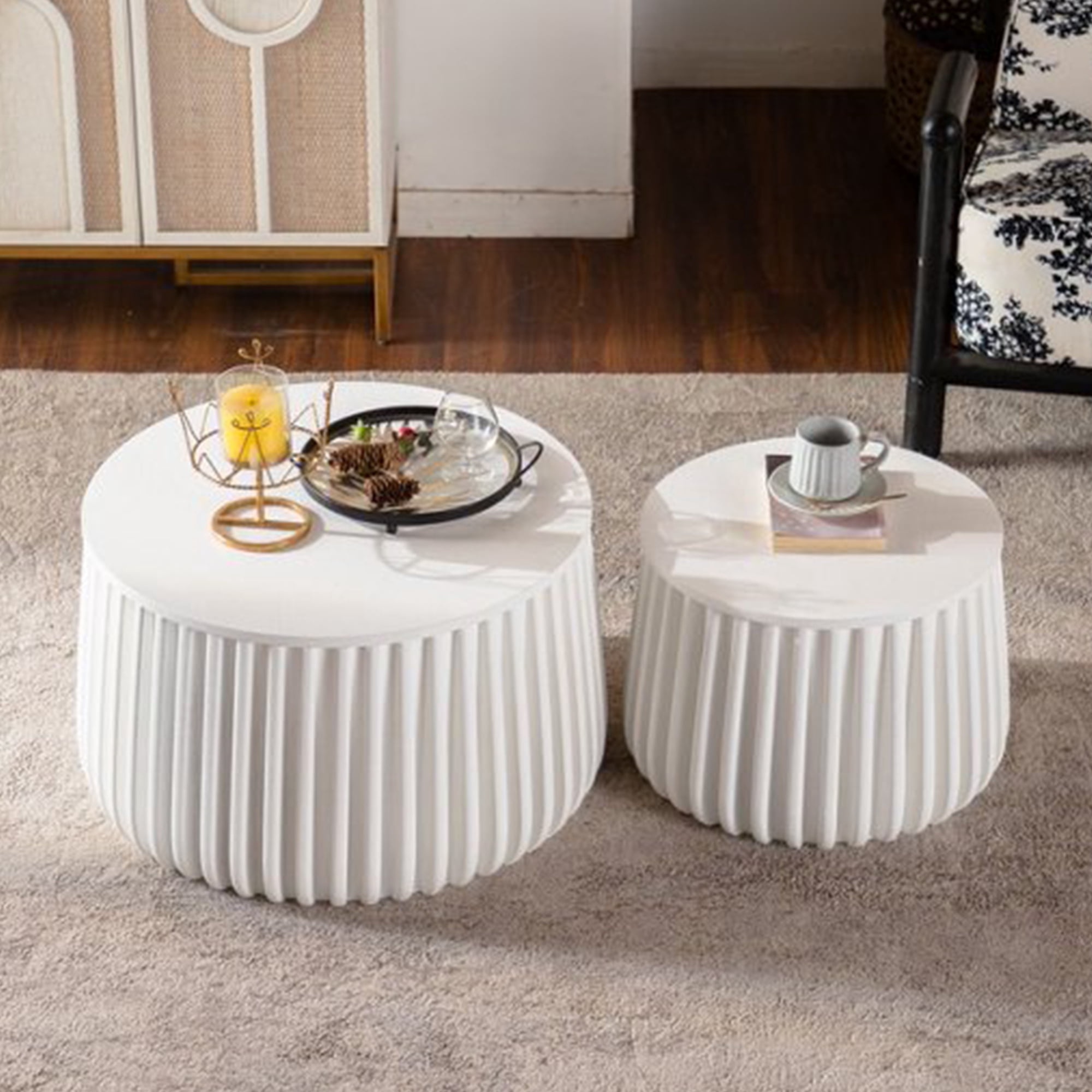Leumius White Round Storage Table Set with Lift-Off Lid, Nesting Design, Elegant Curved-Edge Shape for Living Room Apartment
