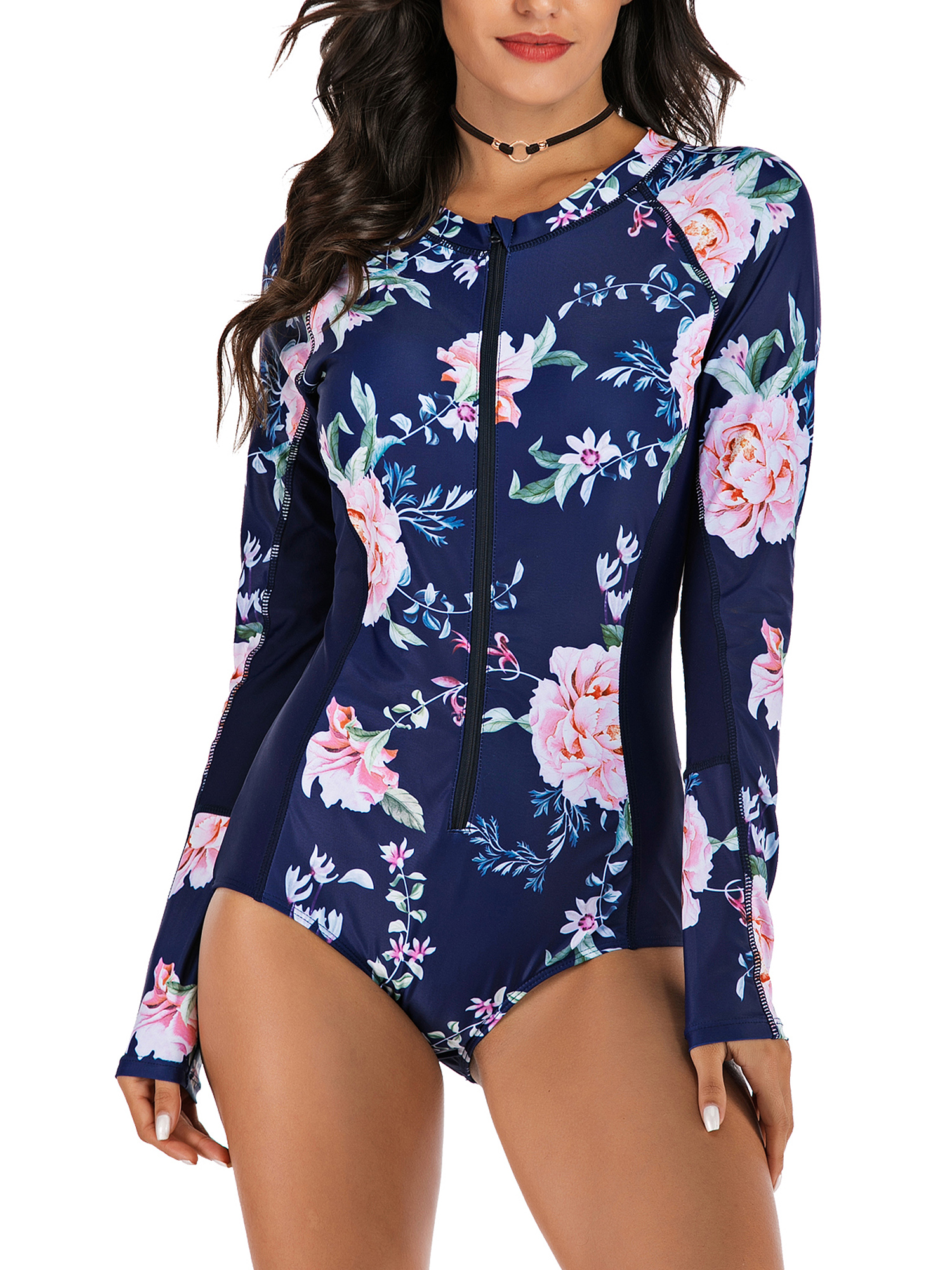 Women's One Piece Floral Surfing Swimsuit Long Sleeve Rash Guard Sun Protection Bathing Suit Swimwear Zip Front Athletic Tummy Control Surfing Wetsuit - image 4 of 8