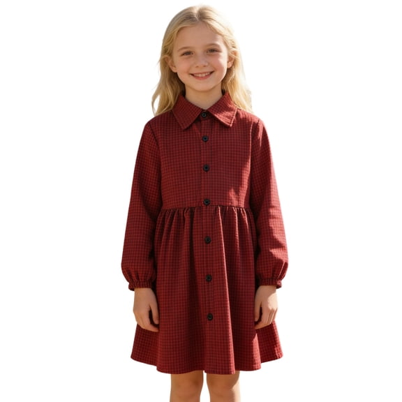 Girls Preppy Plaid Midi Shirts Dresses Lapel Collared Button Down Long Sleeve Pleated A-Line Dress Cute Casual Loose Summer School Uniform Dresses