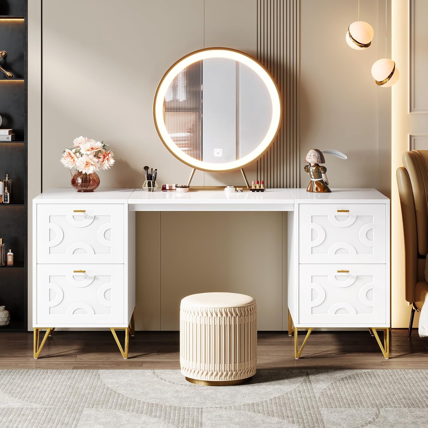 Finmind White Computer Desk with File Drawers, 59'' Modern Home Office Desk, Work Desk with Storage with Gold Legs for Home Office