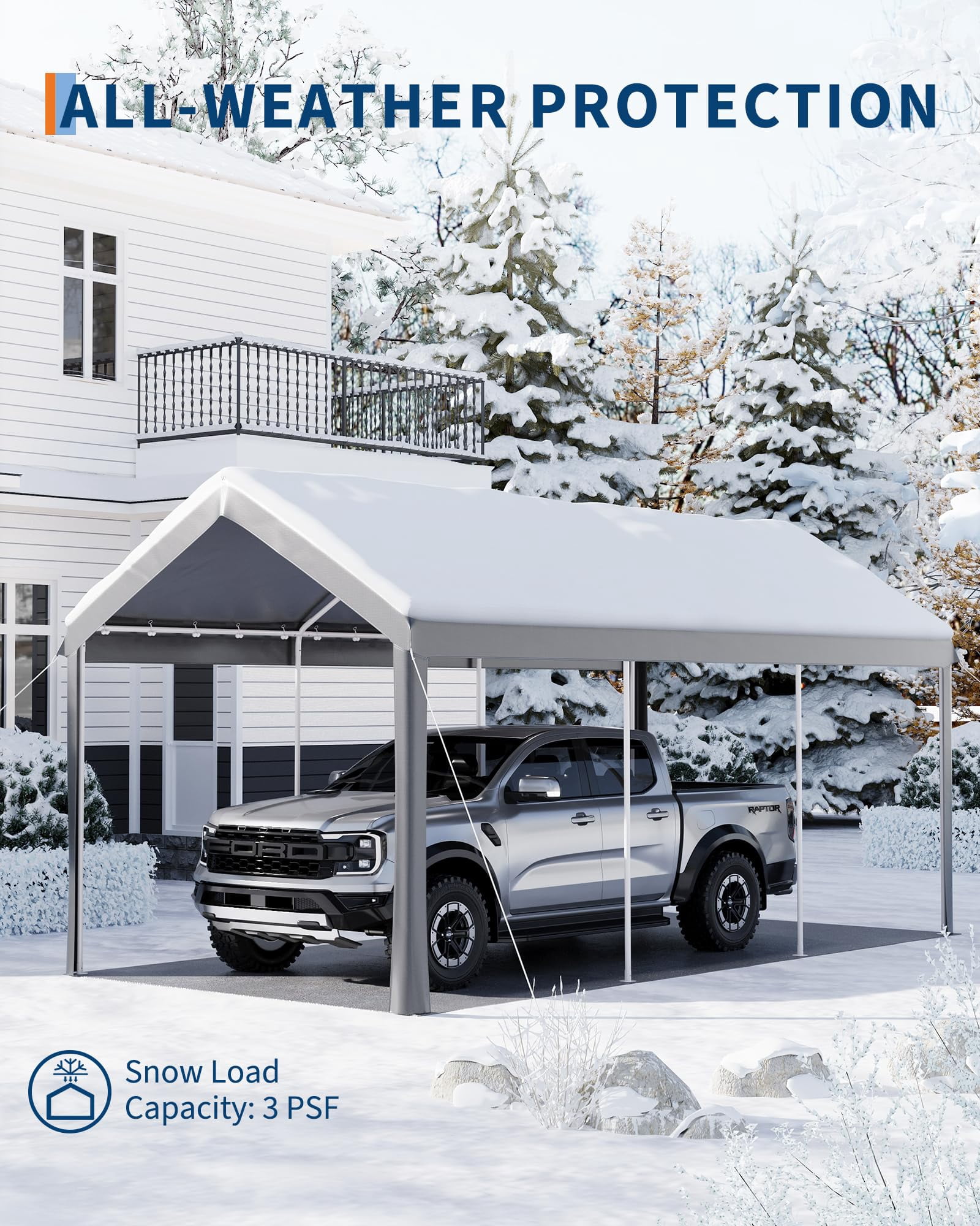 10X20 FT Carport Canopy, Portable Car Tent Garage with Roll-Up Door, All-Season Tarp Cover, Removable Side Walls, Outdoor Storage Shed,Grey