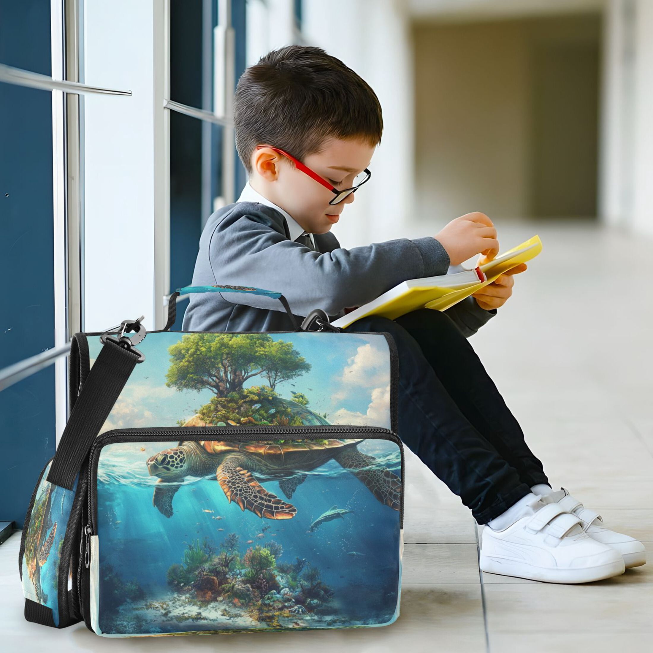 Water-Resistant 3-Ring Binder Organizer with Multiple Pockets Zipper Binder Bag for Office Sea Turtle Carrying Island