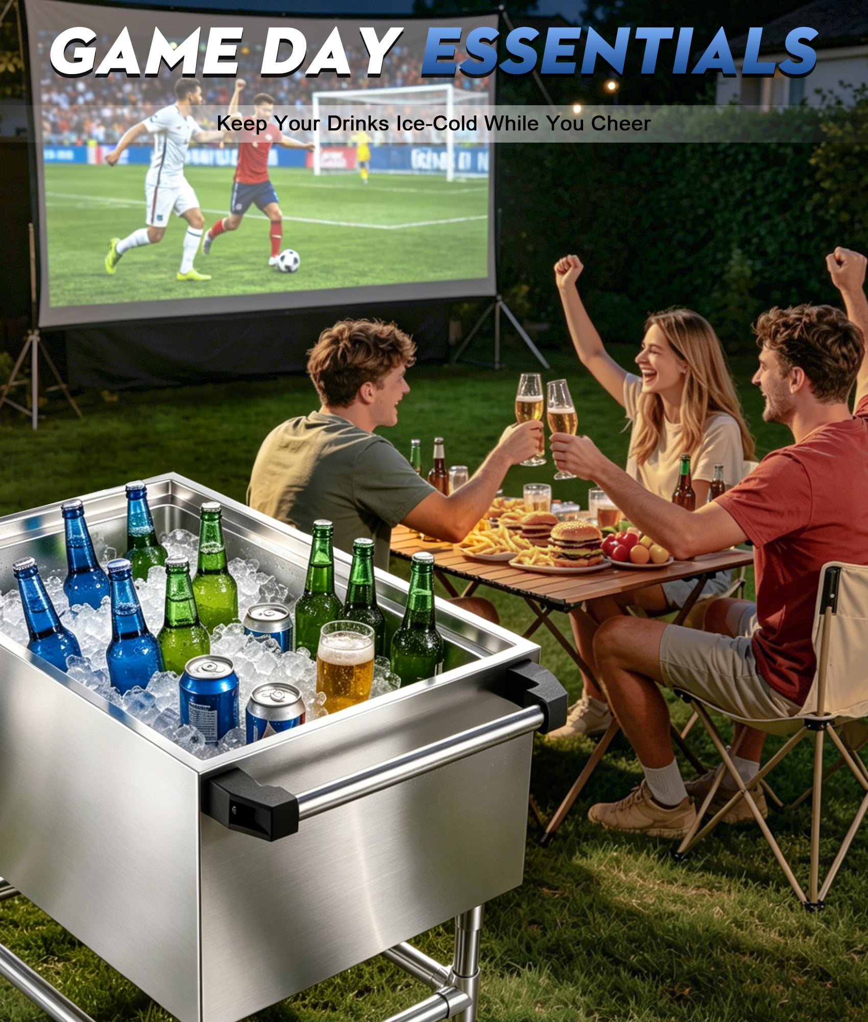 Esheno 80 Quart Rolling Ice Chest Cooler Cart Stainless Steel Insulated Outdoor Beverage Cooler with Cup Holders Wheels Sliding Lid Drain for Backyard Pool Party BBQ