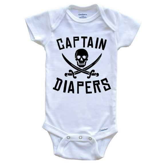 Captain Diapers Pirate Skull Funny Baby Bodysuit, 0-3 Months White