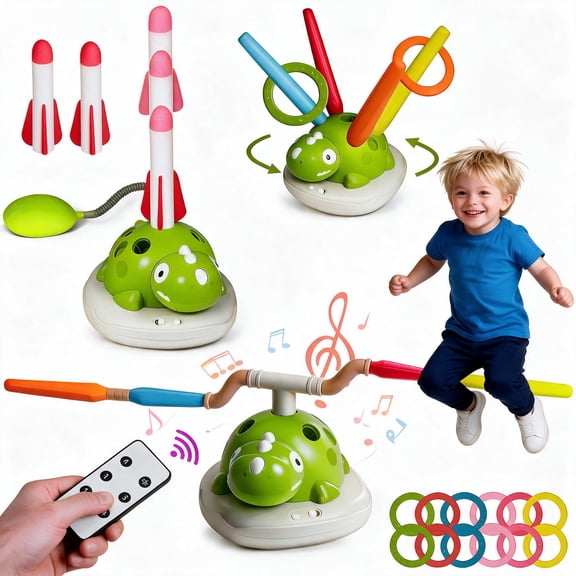 MYMULIKE 3-in-1 Dinosaur Musical Jumping Game, Toss Ring and Rocket Launcher with Remote Control, Kids Outdoor Indoor Toy Ages 3-8, No Battery