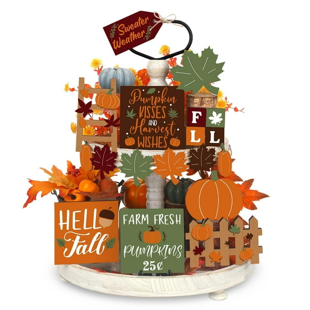 15 Piece Autumn Tray Decor Set: Pumpkins Farmhouse & Realistic Maple Leaves For Fall Centerpieces | Clear & Textured Style