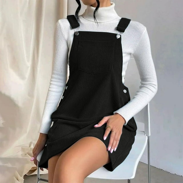 Robe Salopette en Velours Côtelé pour Femmes Bretelles Mode Décontractée Robes Courtes avec Poches