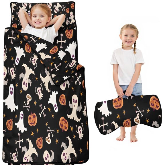 Halloween Ghosts Pumpkins and Stars Toddler Nap Mats for Kids Preschool,50"x20" Sleeping Mat Bag or Kids,Toddler Sleeping Bag,Toddler Nap Mat or Daycare
