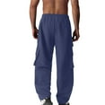 thumbnail image 4 of YLSDY Mens Wide Leg Cargo Pants Baggy Drawstring Elastic Waist Lounge Workout Hiking Sweatpants with Multi Pockets Dark Blue M, 4 of 6