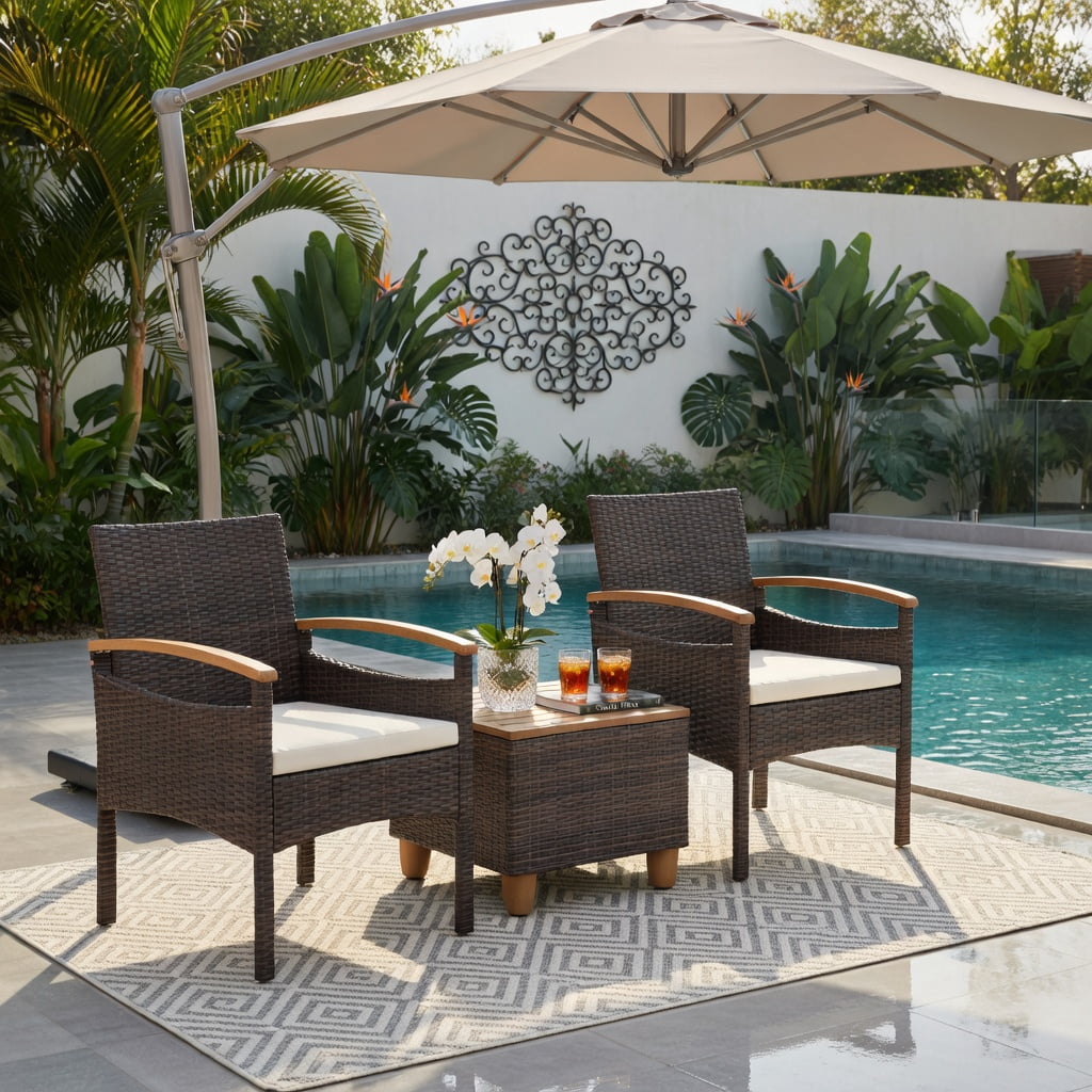 Hommoo Acacia Wood & PE Rattan Patio Dining Chairs Set of 2, Heavy-Duty Metal Frame, Ergonomic Design for Backyard, Poolside & Balcony, Off-White