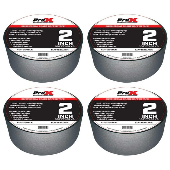 ProX XGF-260BLK 180FT 2" Commercial Grade Matte Black Gaffer Tape 4 Package