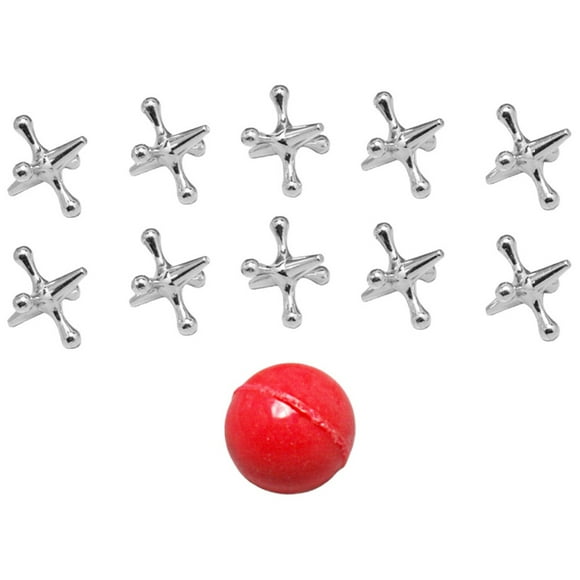 Vintage Metal Jacks and Ball Toys Kit Retro Jax Game Christmas Classic Board Games Include 10 Pieces Metallic Jacks and 1 Pieces Red Rubber Ball for Kids Adult Family Party Favor