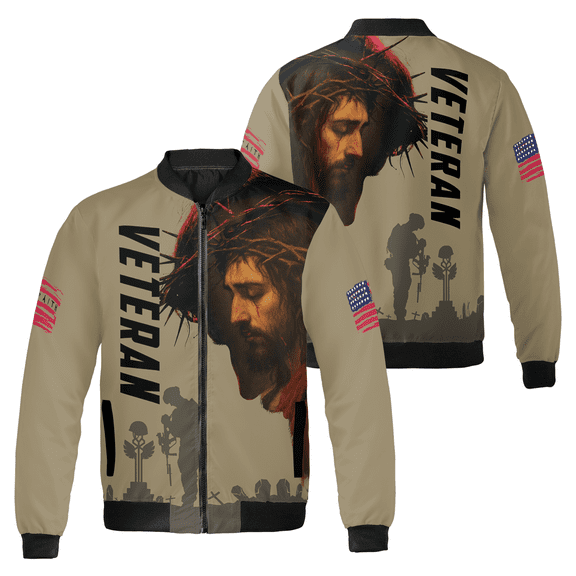 Veteran Tribute Bomber Jacket - Military Jesus Cross Design - American Flag & Soldier Silhouette Jacket
