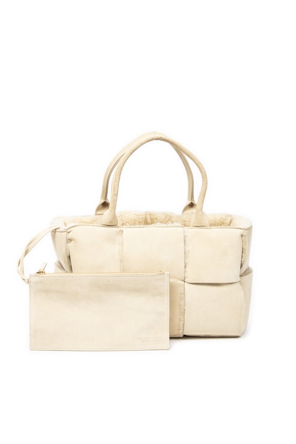 Pre-Owned Bottega Veneta Ivory Small Arco Tote Handbag Maxi Intrecciato Shearling Canvas