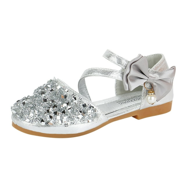MIASHUI Chaussures de Fille Robe Nœud Papillon Paillettes Princesse Chaussures de Fête Talons Bas Sandales Mary Jane, Argent, 8,5-9 Ans