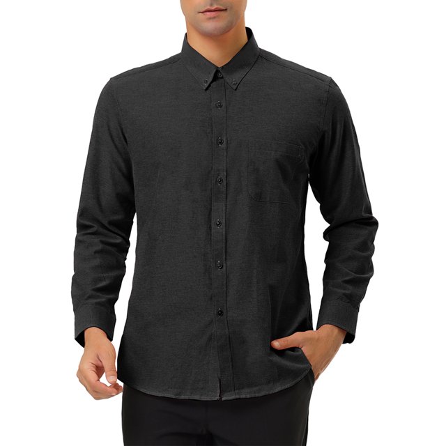 Camisa de vestir para hombre, manga larga, clásica, color sólido, ajustada, con botones Negro S