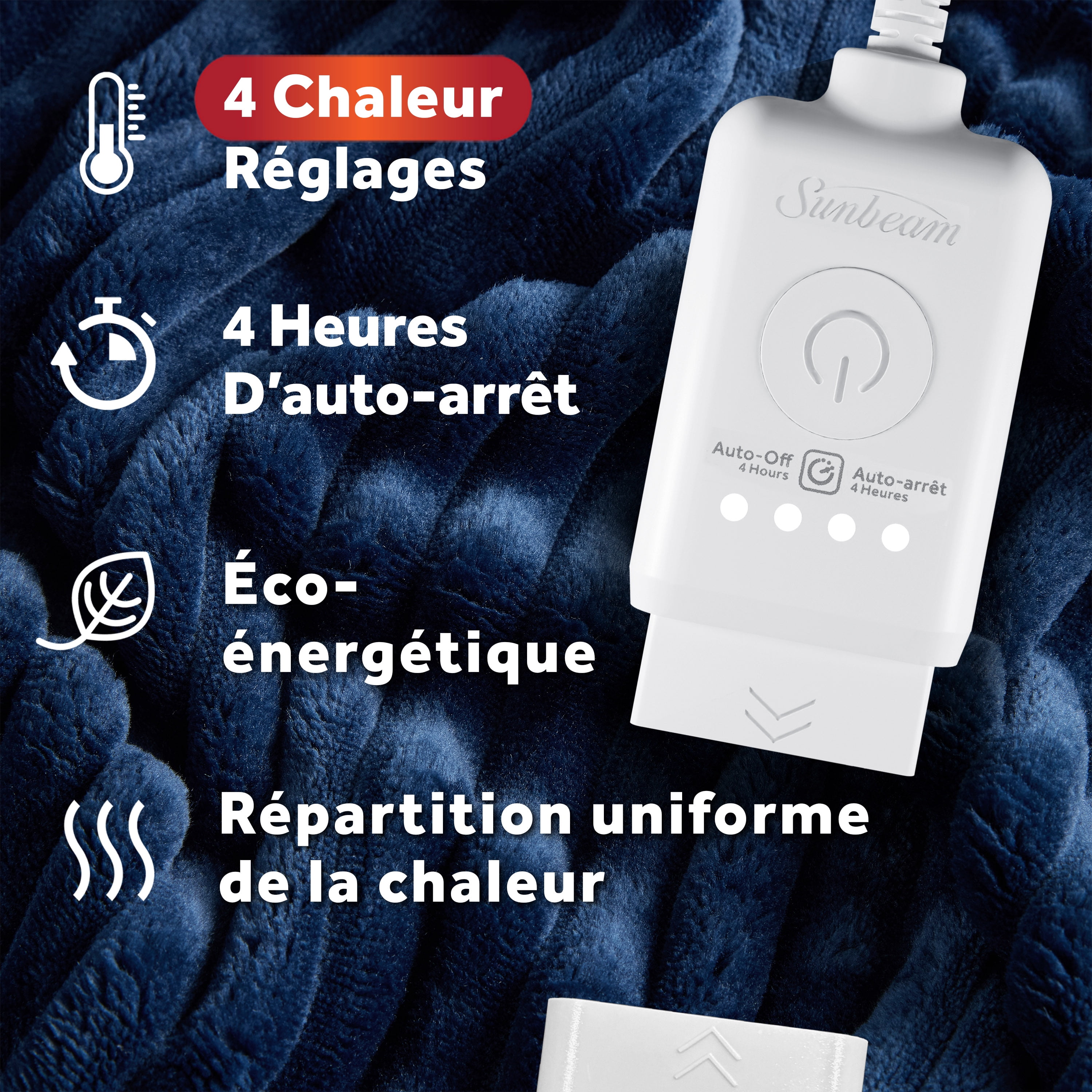 Jeté chauffant extra long en velours côtelé bleu intense quatre réglages de chaleur, arrêt automatique, 127 cm x 177,8 cm (50 po x 70 po) SUNBEAM JETE CHAUFFANT