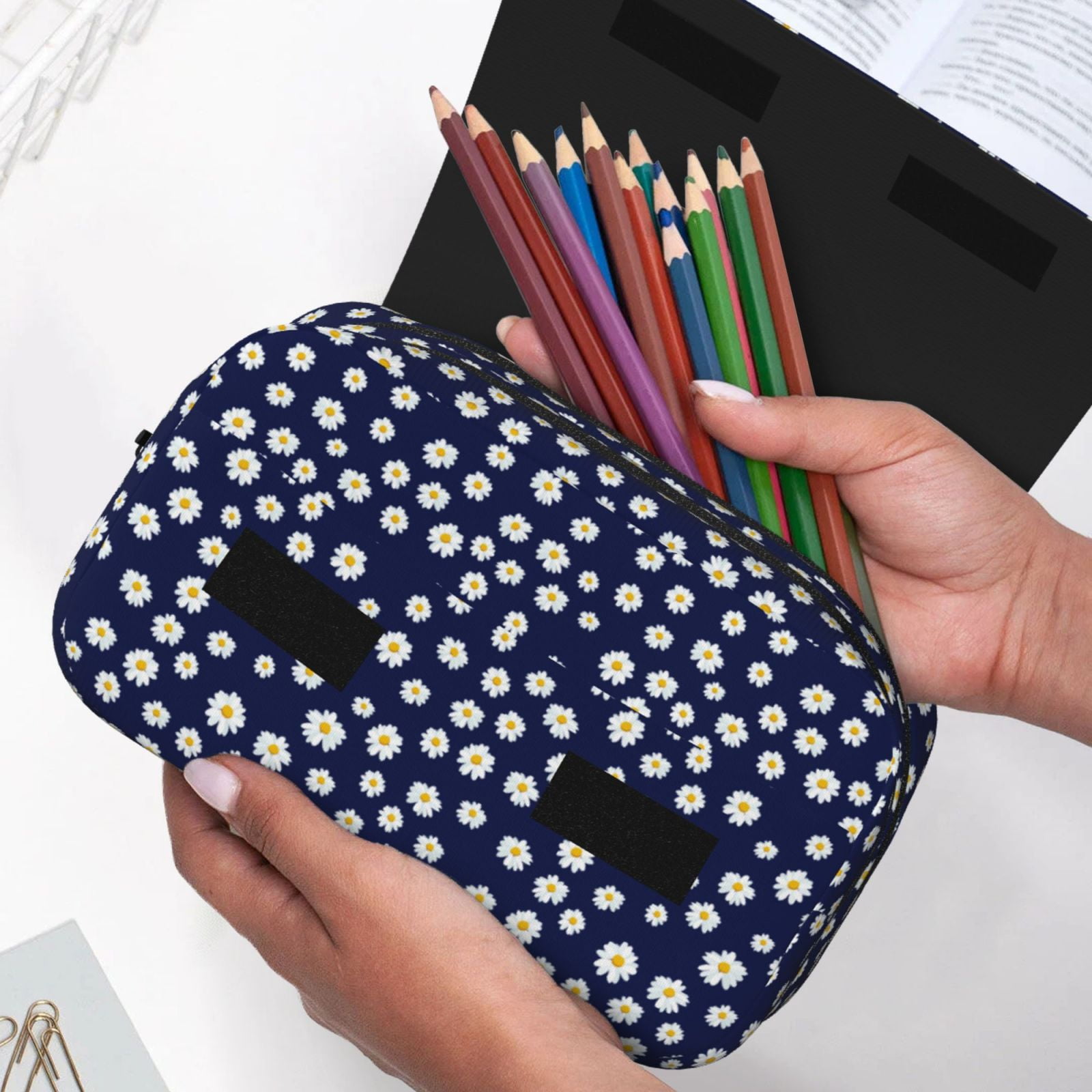 Rateoe Daisies Flowers Pattern Double Clamshell Pen Case, Storage Organizer with Two Zipper Compartments– Holds Up to 50 Pencils & Pens