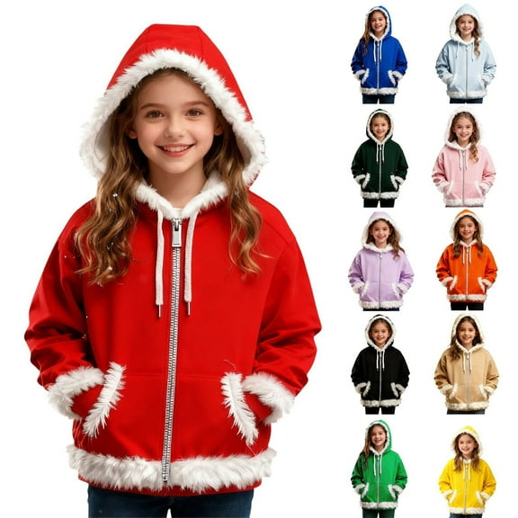 Ruyang Boys Girls Christmas Fuzzy Hoodies Cute Fleece Hooded Sweatshirts Fall Winter Trendy Zip Up Furry Jacket