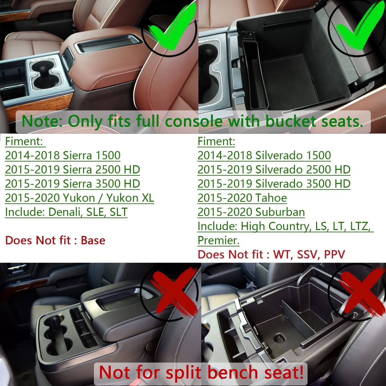 Full-Size Center Console Organizer Tray Compatible with 2014-2018 Chevy Silverado/GMC Sierra 1500 and 15-19 2500HD/3500HD,2015-2020 Tahoe/Suburban/Yukon/XL(Full w/Bucket Seats ONLY)