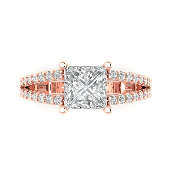 2.43 ct Princess Cut Clear Crystal 14k Pink Rose Gold Engraving Statement Bridal Wedding Designer Ring Size 7.5