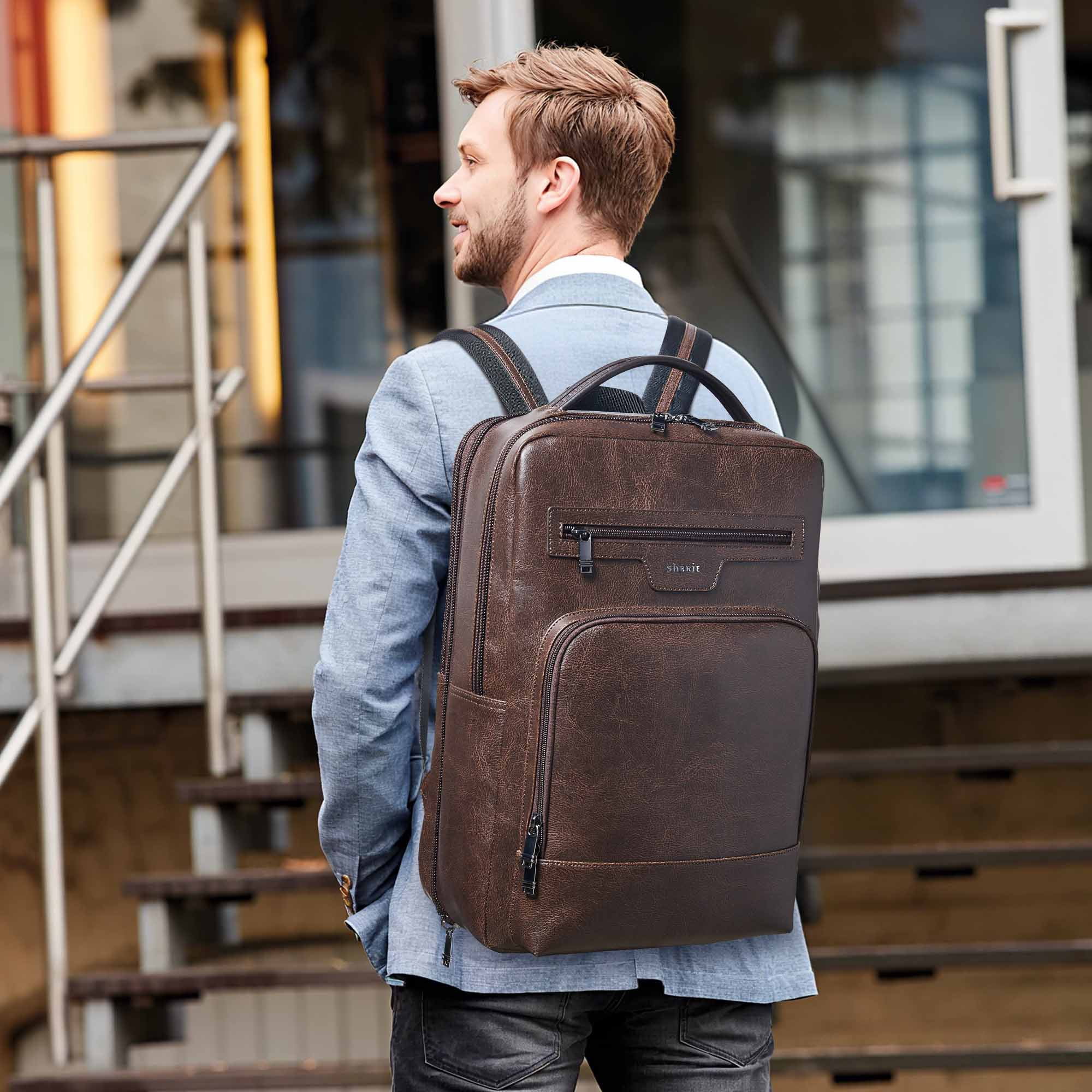 Shrrie Leather Laptop Backpack for Women and Men,28 L Travel Backpack Computer Bag Fits 16 inch Laptop,Expandable Casual Daypack with USB Charging Port for Work Business Weekender College