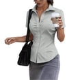 thumbnail image 2 of Women's Basic Button Down Shirts Short Sleeve Stretch Button Up Dress Shirt Slim Fit Waitress Work Shirts Light Gray S, 2 of 6