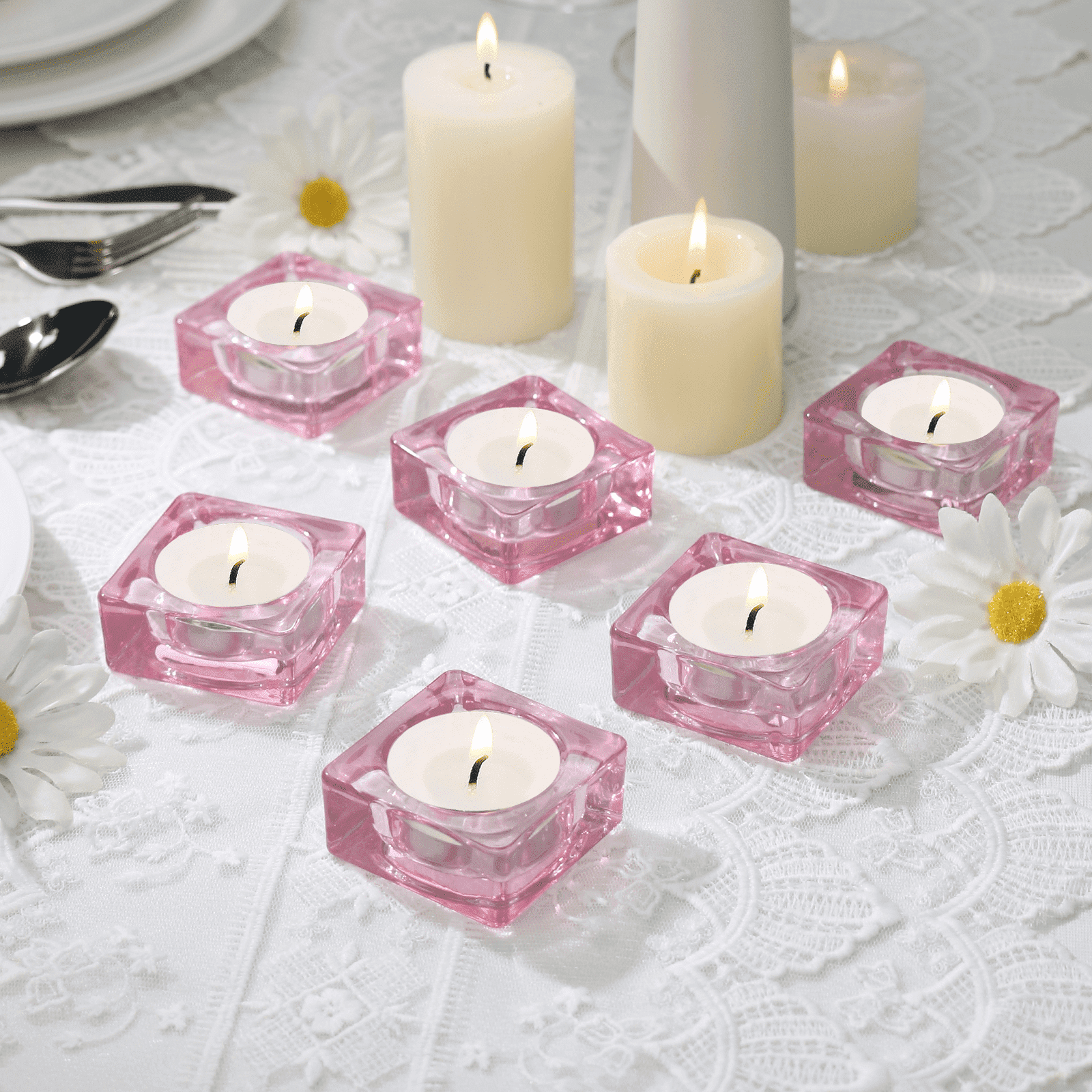HofferRuffer 6-Piece Glass Candle Holders Pink Square for Home Decor Weddings Parties
