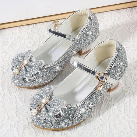 Dyfzdhu 4-9Y Toddler Girls Sandals Kids Dress Pumps Glitter Sequins Princess Bowknot Low Heels Party Dance Shoes Rhinestone