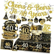 SKYSONIC 155pcs 40th Birthday Decorations Tableware Set for Men Women, Forty Birthday Decorations with 40th Birthday Plates and Napkins Set, Black and 40th Banner Tablecloth Cake Topper, Serves