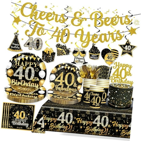 SKYSONIC 155pcs 40th Birthday Decorations Tableware Set for Men Women, Forty Birthday Decorations with 40th Birthday Plates and Napkins Set, Black and 40th Banner Tablecloth Cake Topper, Serves