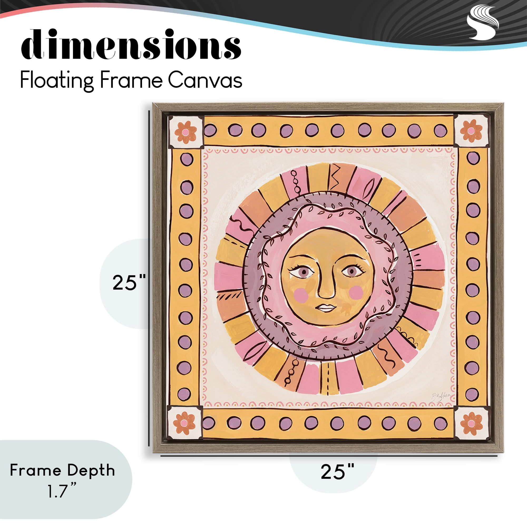 Stupell Industries Pastel Sun Face with Border Brown Framed Floater Canvas Wall Art, design by Two If By Sea Studios