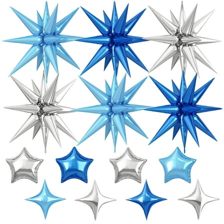 14 Pcs Blue Silver Star Foil Balloons Set, 22inch Large Explosion Stars Balloon, for Boys Birthday Wedding Baby Shower Gender Reveal Party Decoration Supplies