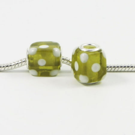 Cube 3 Light - 3 Beads - Green w White Dots Cube Semi Transparent Lampwork Glass Silver European Charm Bead E0384