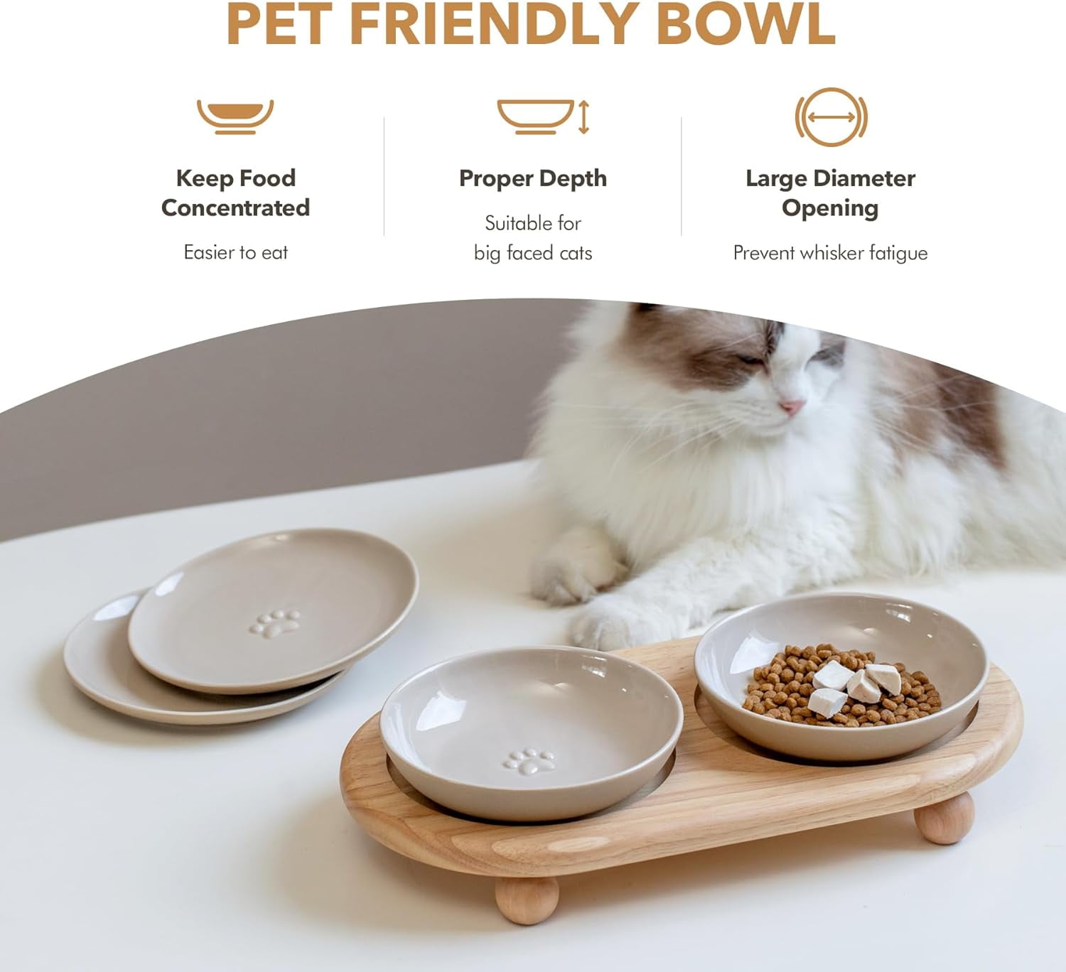 Raised Ceramic Wide Whisker Friendly Cat Dishes, Food and Water Bowl Set with Adjustable Stand, Anti-Whisker Fatigue, 2 Dishes and 2 Shallow Dishes