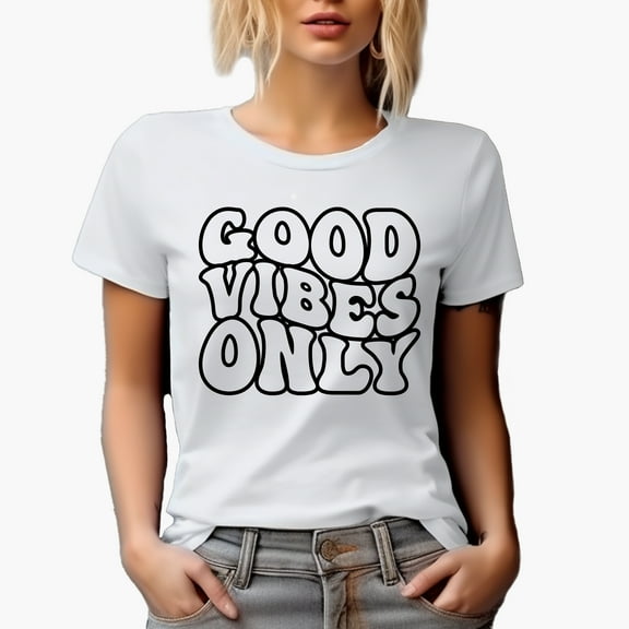 Good Vibes Only, Positivity Quote, Groovy Retro Wavy Text Merch Gift, White T-Shirt, Small