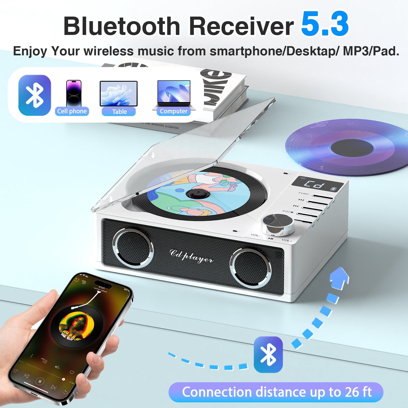 Greadio Bluetooth CD Players Portable with Remote Control, 4000mAh Rechargeable CD Player, CD Players for Home with Speakers , Supports USB, TF, AUX, Optical Input, 1 Count