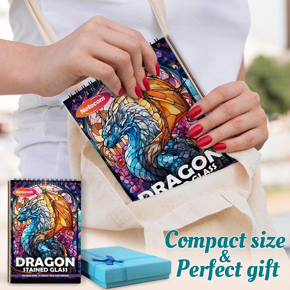 Netecom Dragon Stained Glass Coloring Book Spiral Bound For Adults, A5 Wooden Cover, 30 Enchanting Coloring Pages of Majestic Dragons in Stained Glass Patterns for Stress Relief and Relaxation