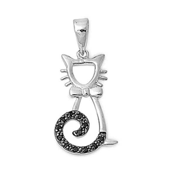 Bow Curly Tail Cat Pendant Black Cubic Zirconia .925 Sterling Silver Outline Charm Jewelry Female