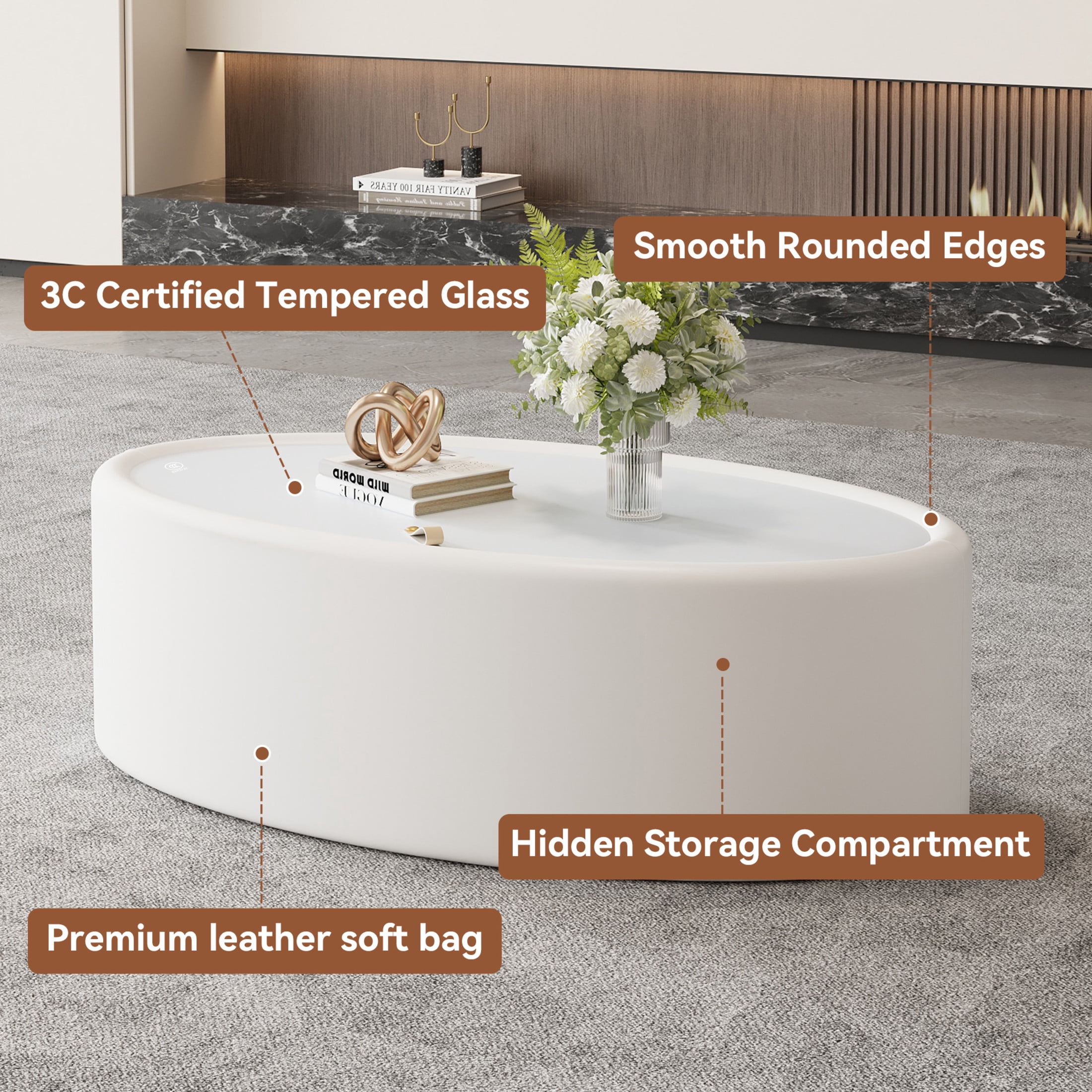 Noble House Morade 33.5" Fluted Oval Storage Coffee Table with Glass Top & Leather Wrapped for Living Room, White