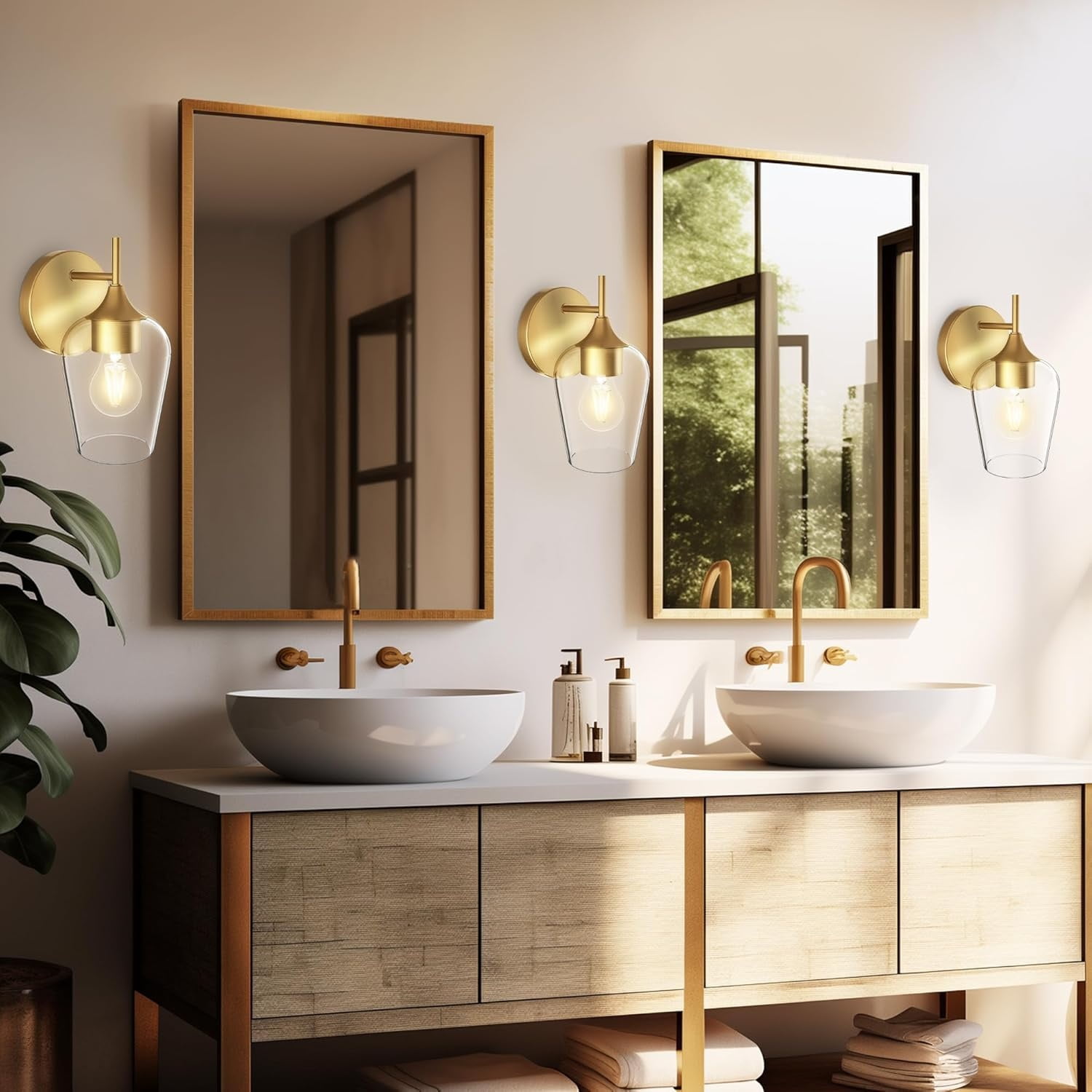 Gold Sconces Wall Lighting Set of 2, Bathroom Wall Lighting Fixtures Brass, Modern and Vintage Wall Lights with Clear Champagne Glass Shade for Bedroom,Fireplace,Hallway,Kitchen