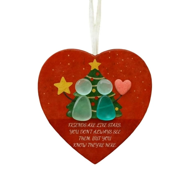 Adorno de recuerdo de la amistad de vidrio marino en forma de corazón | Decoración ecológica artesanal de 8 cm | Regalo para amigos, adorno para árbol de Navidad