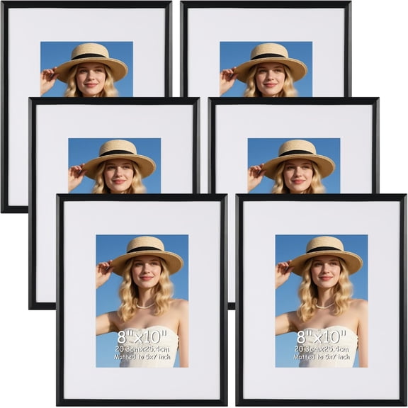 8x10 Picture Frames Set of 6, Display 5x7 Picture with Mat or 8x10 Without Mat, Black Photo Frame for Wall Hanging or Tabletop