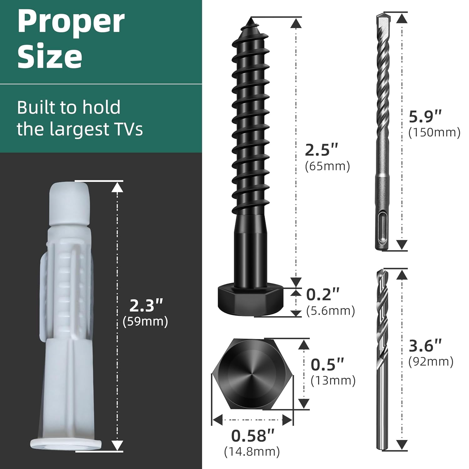 TV wall mount with drill bit, 23-piece set TV wall mount screw set 865 rod bolt, drywall anchor, washers, bubble level hardware set suitable for wooden walls, brick, concrete