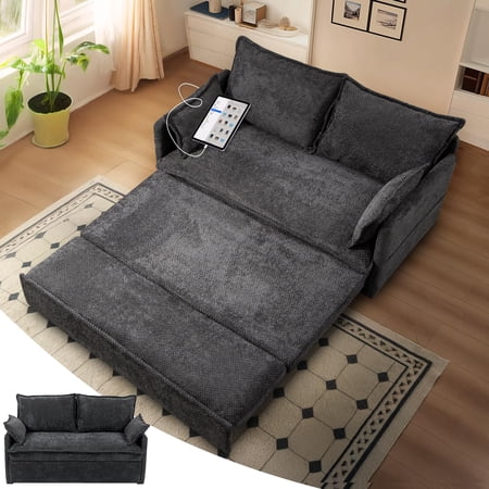 59.5" Corduroy Pull Out Sofa Bed with USB Charging, Side Storage, 2-in-1 Convertible Loveseat Sleeper, Grey