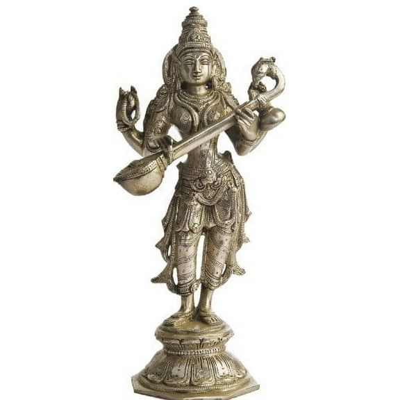 Exotic India Standing Saraswati in Silver Hue - Brass Sculpture