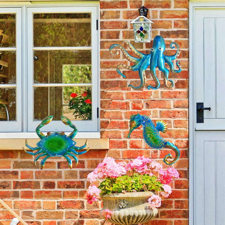 3 Pack Metal Seahorse Octopus Crab Wall Art Decor Plaque Sculpture, Sea Beach Ocean Theme Fish with Blue Glass Hanging Decoration Indoor Outdoor for